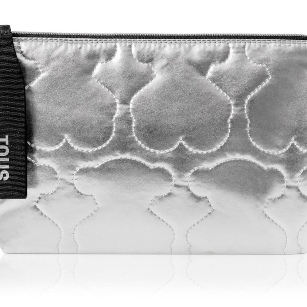 TOUS VANITY CASE COSMETIC BAG BNWT METALLIC SILVER LOGO BEAR Travel Toiletries